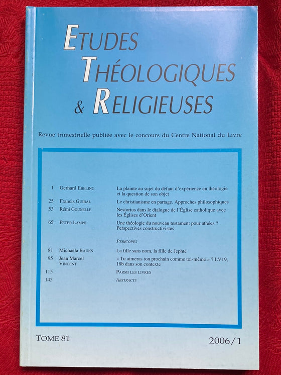Etudes Théologiques et Religieuses 2006/1