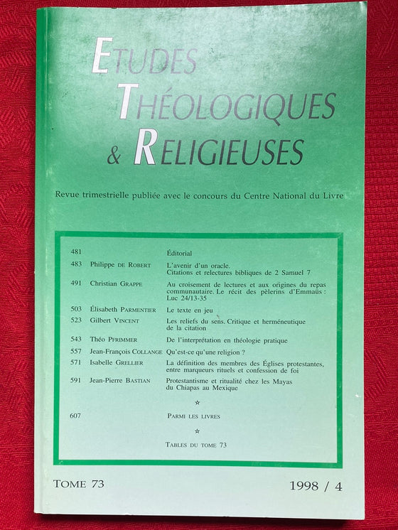 Etudes Théologiques et Religieuses 1998/4