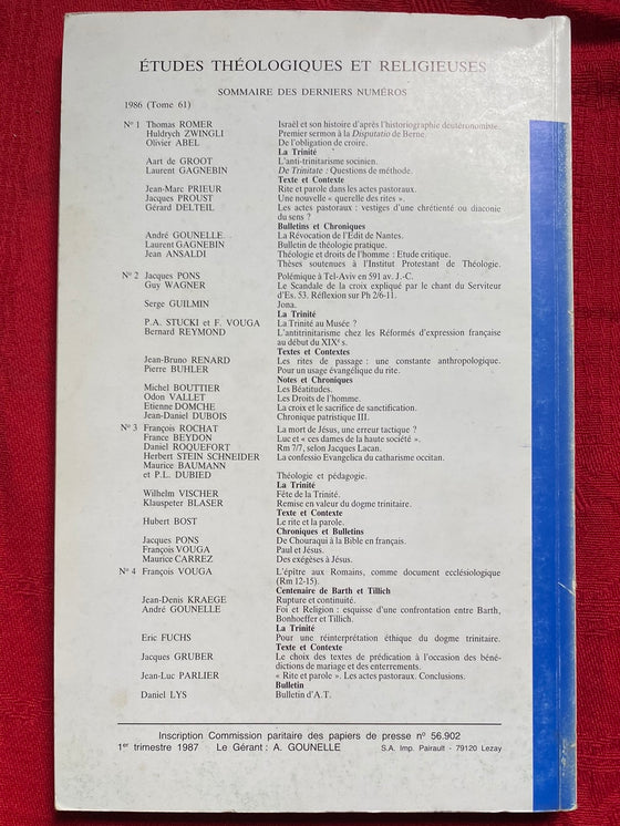 Etudes Théologiques et Religieuses 1987/1