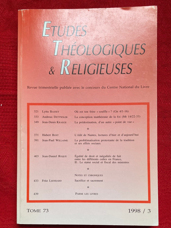 Etudes Théologiques et Religieuses 1998/3