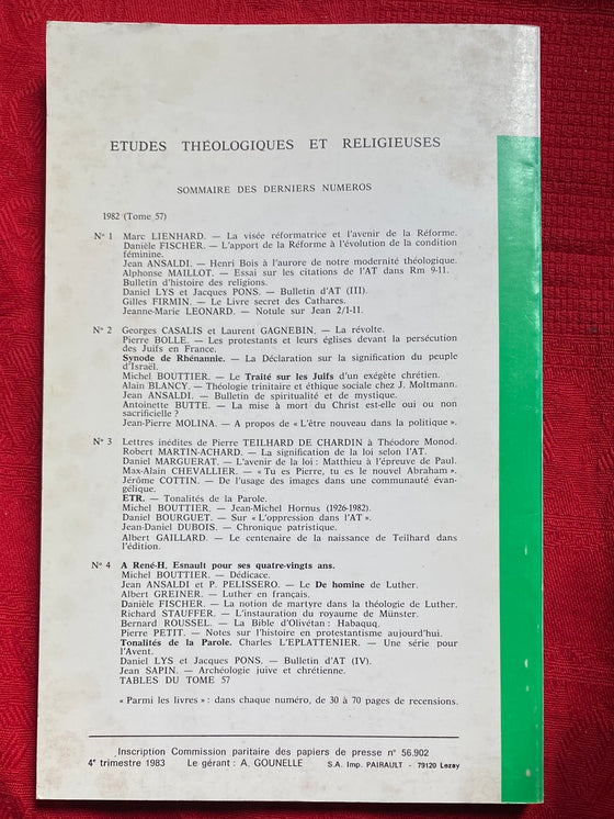 Etudes Théologiques et Religieuses 1983/4