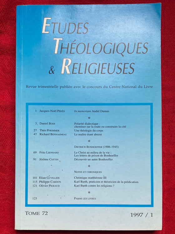 Etudes Théologiques et Religieuses 1997/1