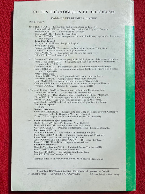 Etudes Théologiques et Religieuses 1985/4