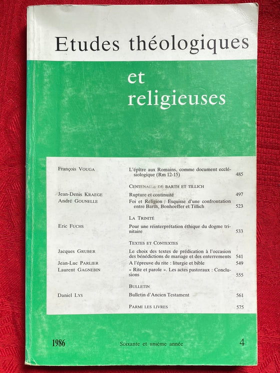 Etudes Théologiques et Religieuses 1986/4