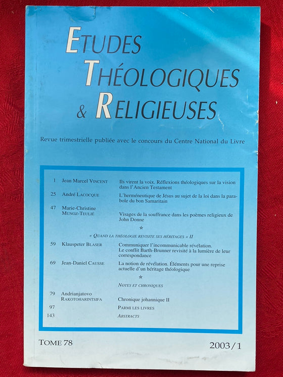 Etudes Théologiques et Religieuses 2003/1