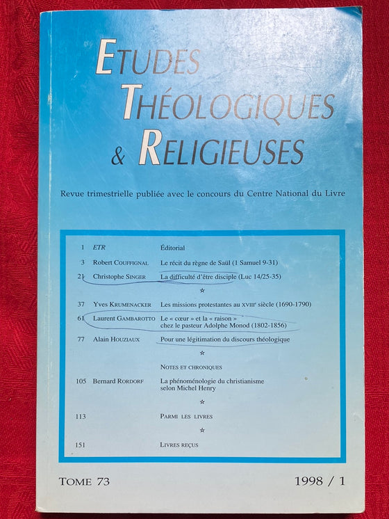 Etudes Théologiques et Religieuses 1998/1