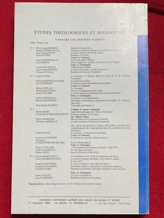 Etudes Théologiques et Religieuses 1989/1