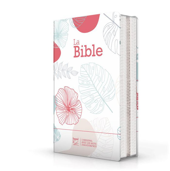 Bible Segond 21 compacte premium Blanche souple toilée motif fleuri rose avec zip