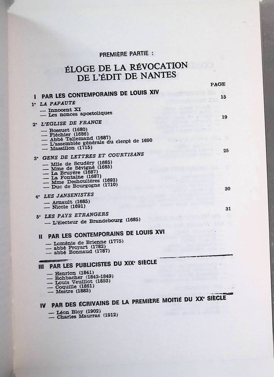 Eloge et Condamnation de la Révocation de l'Edit de Nantes