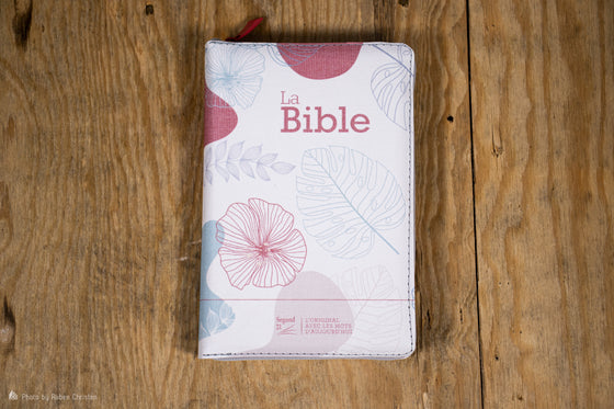 Bible Segond 21 compacte premium Blanche souple toilée motif fleuri rose avec zip