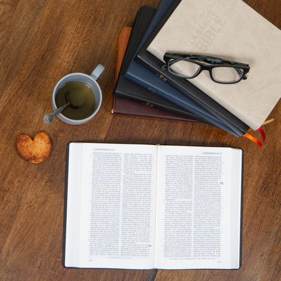 La Sainte Bible, Darby, grand format, cuir noir avec rebord et tranche dorée, titre sur la face