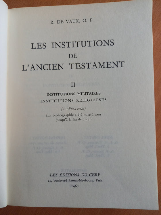 Les institutions de l'Ancien Testament Vol. 2 (catholique)