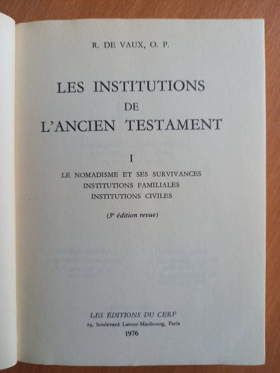 Les institutions de l'Ancien Testament Vol. 1 (catholique)