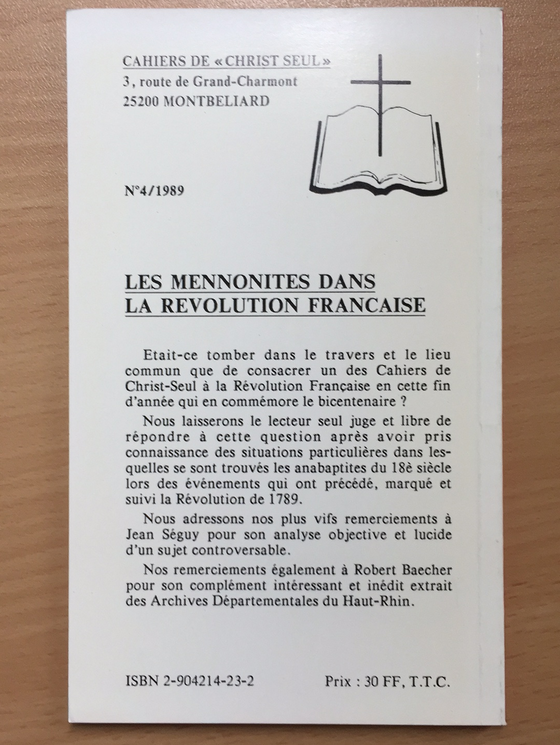Les mennonites dans la révolution française vol.4 1989 Les cahiers de Christ seul