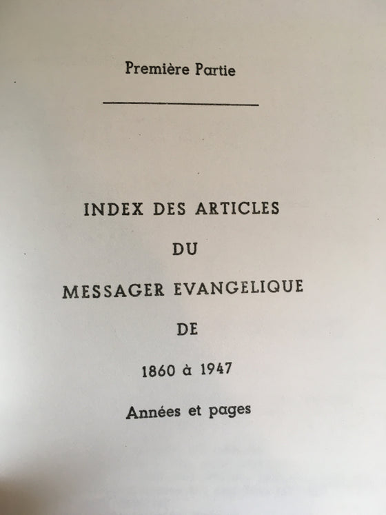 Index des articles du messager évangélique de 1860 à 1947 - ChezCarpus.com