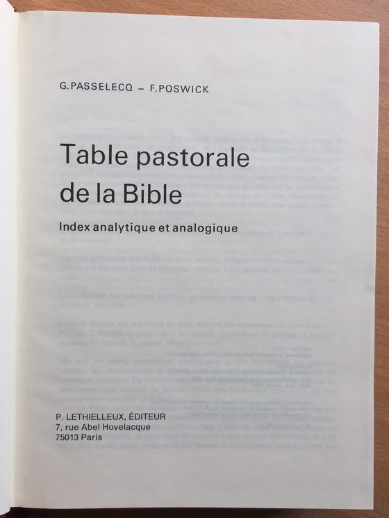 Table pastorale de la Bible