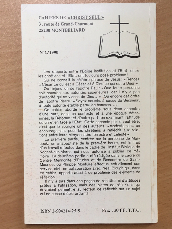 Les anabaptistes et la réforme à Strasbourg en 1532 vol.2 1990 Les cahiers de Christ seul